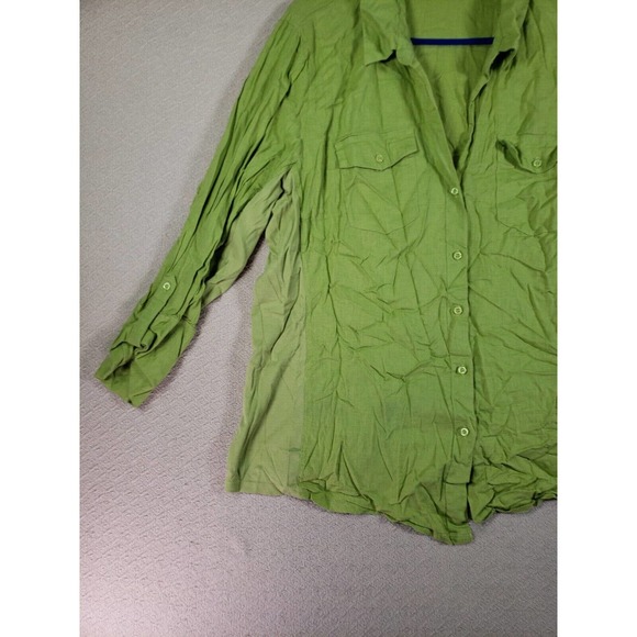 Linen Blend Shirt Womens 2X Green Roll Tab Sleeve Flap Pockets Button-Up - Picture 2 of 13